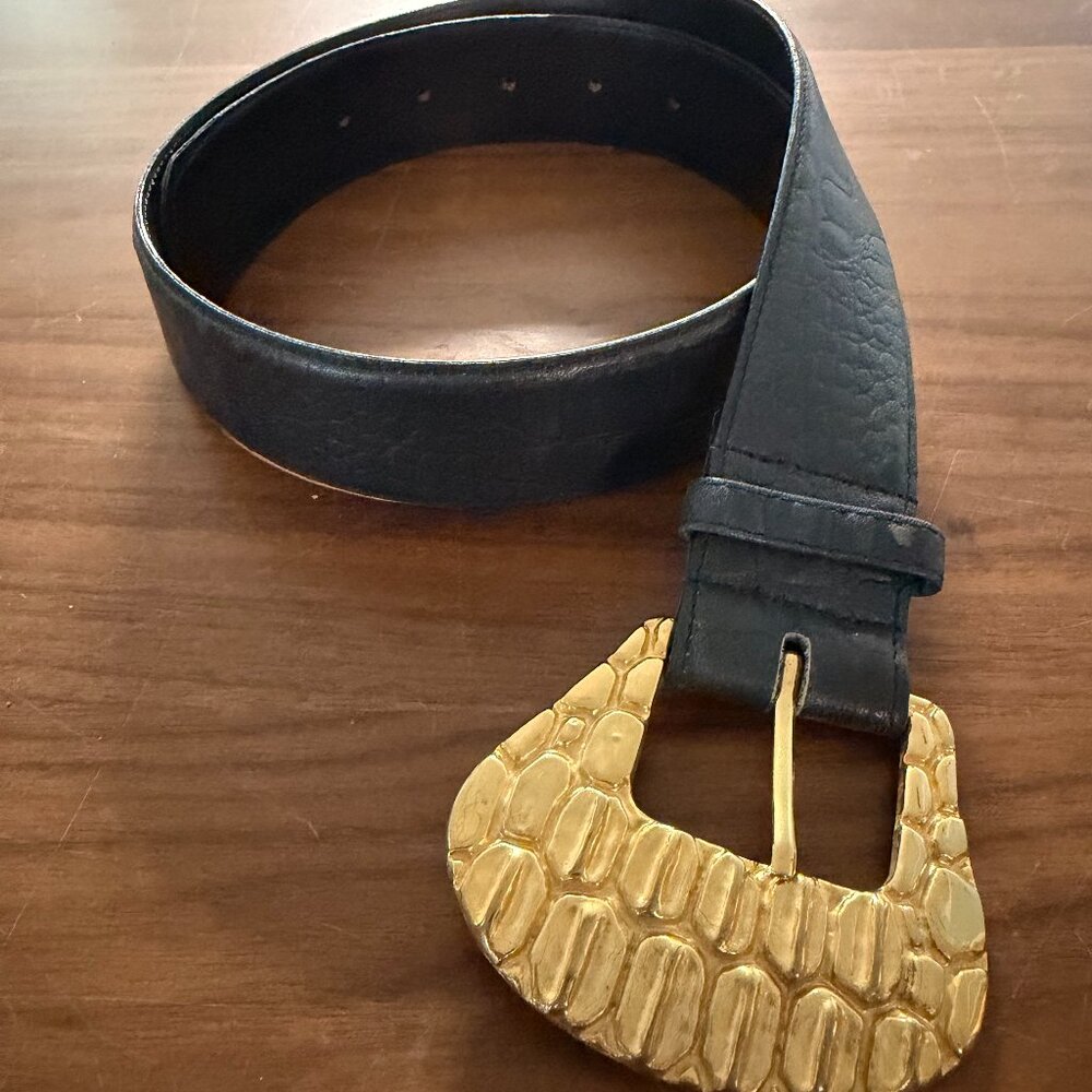 Magid Dark Blue Genuine Leather Belt Gold Buckle Medium